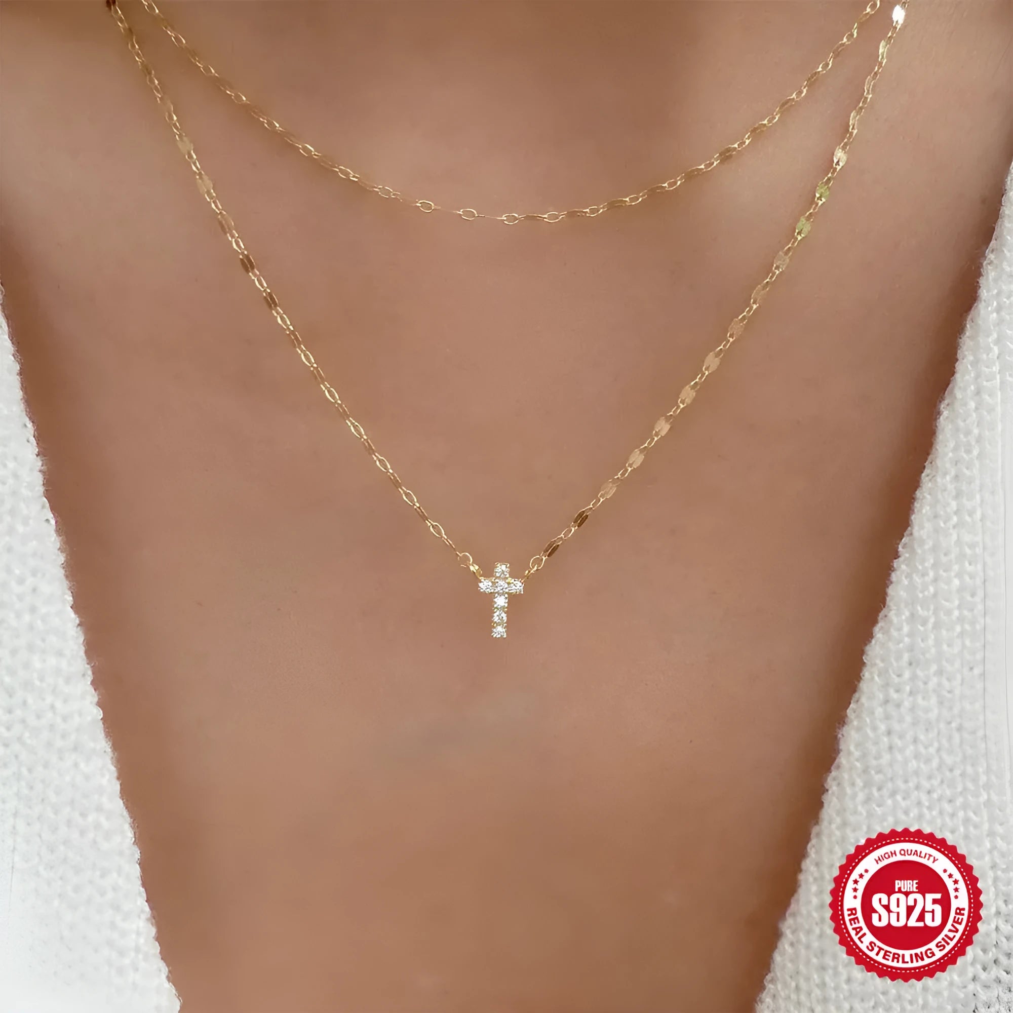 S925 sterling silver double layer twin diamond cross pendant necklace on a clavicle chain in gold colour.