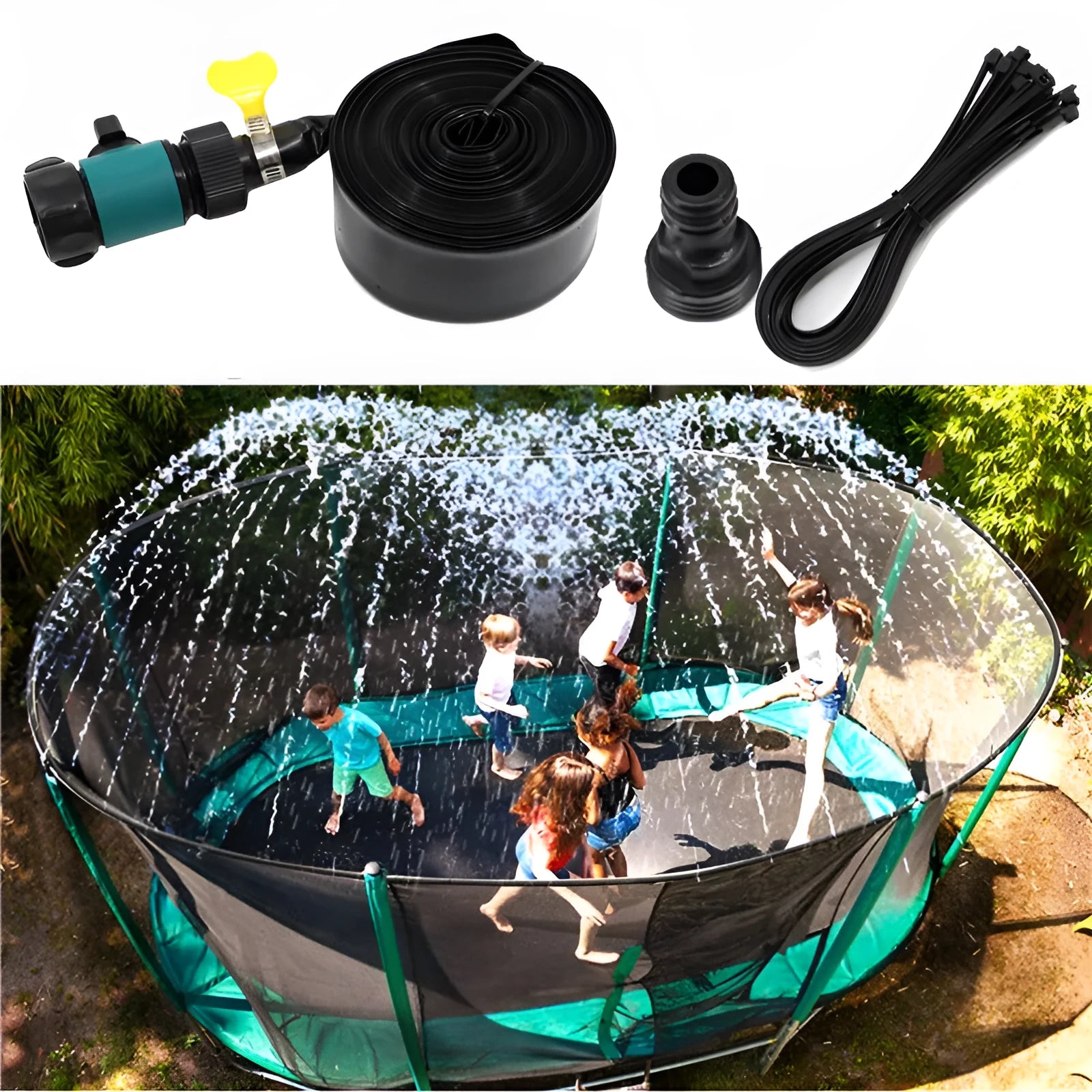 Blue portable garden sprinkler with solar water cooling feature on green lawn
