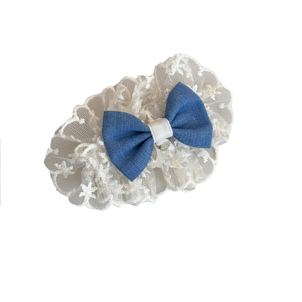 Hand-made pastoral cloth barrettes with beige lace and blue bow designs for women's hair