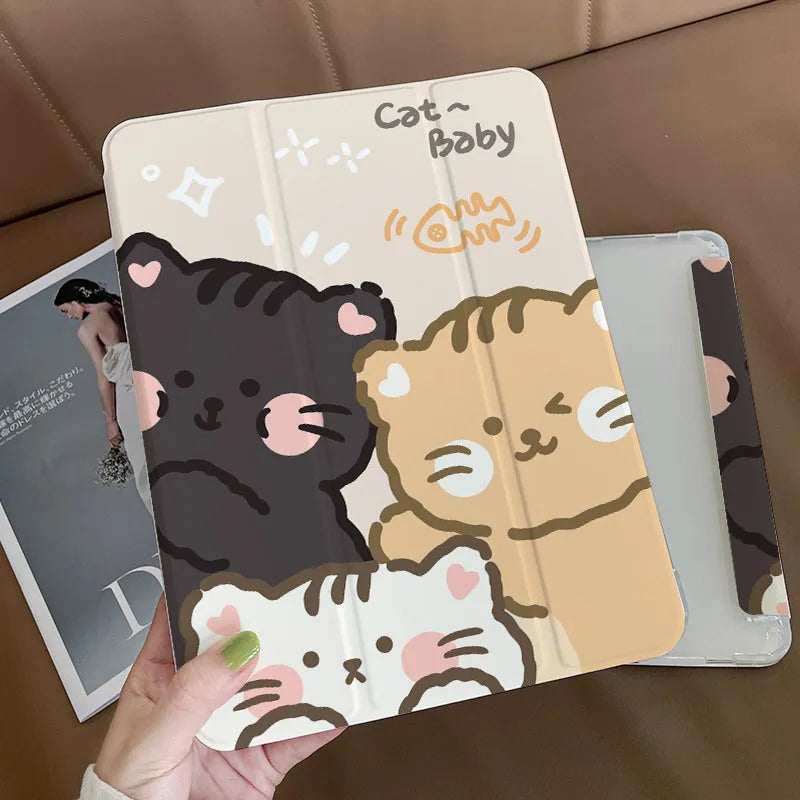 Silicone tri-fold iPad protective case with cartoon rabbit pattern, shown in stand mode.
