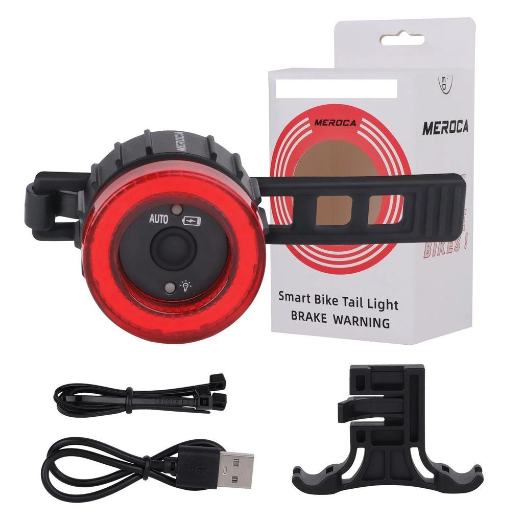 Black intelligent induction brake taillight for bicycles with aluminium alloy housing and seat tube bracket.