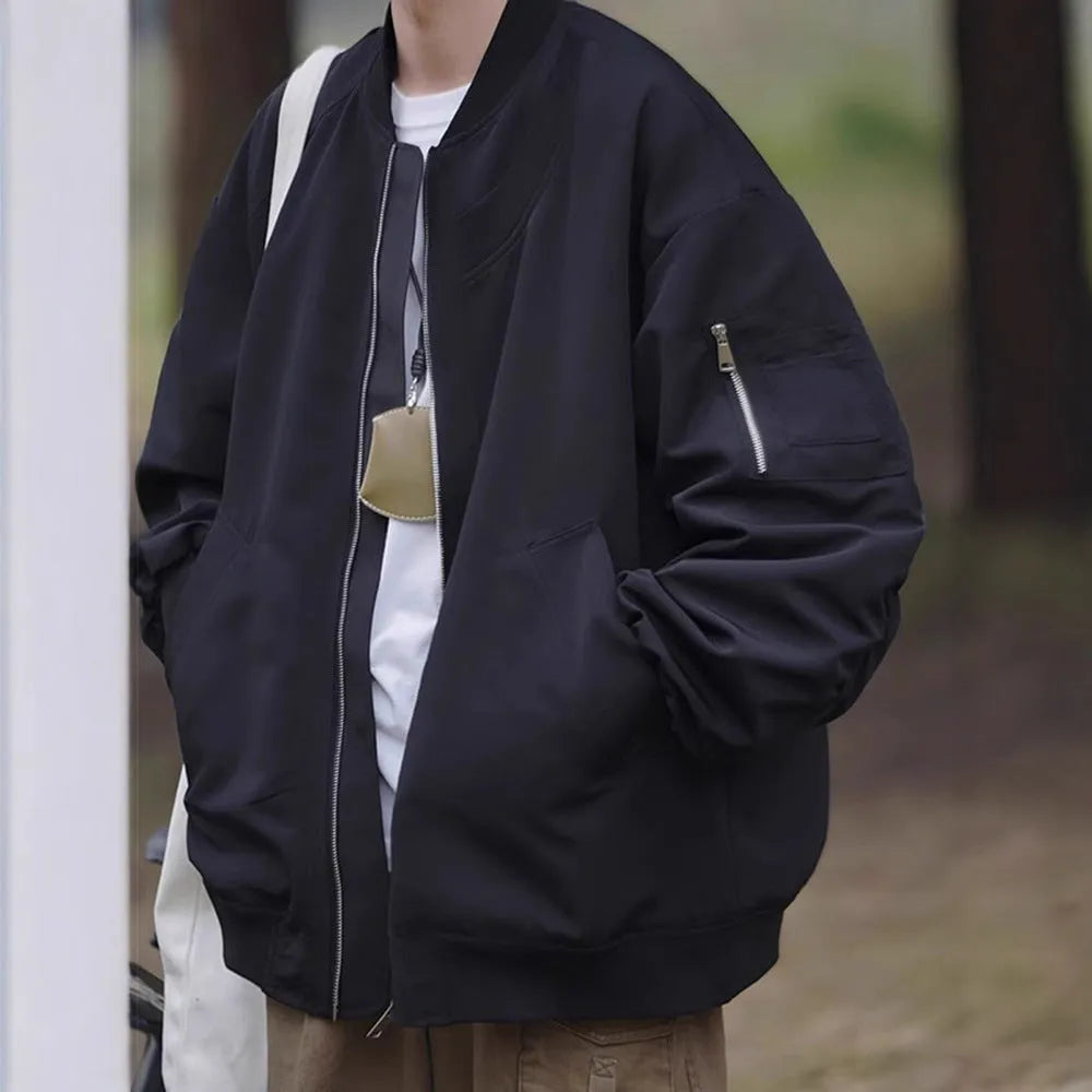 Men's loose pilot jacket in gray, black, and green, cotton blend with polyester lining, long sleeve straight hem Korean style