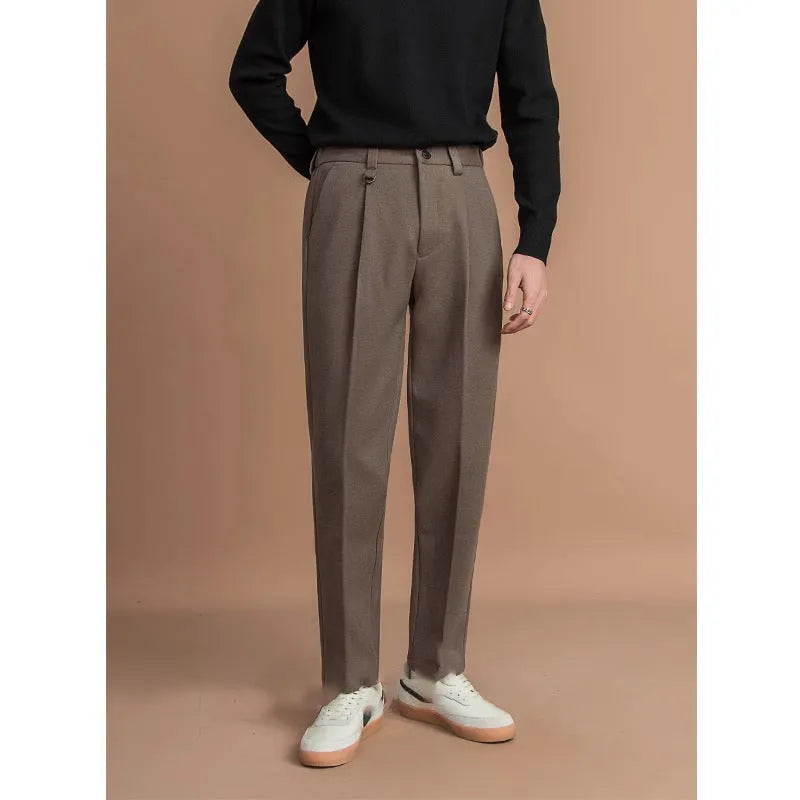 Men's straight-leg suit trousers in polyester for business casual wear, shown in khaki colour.
