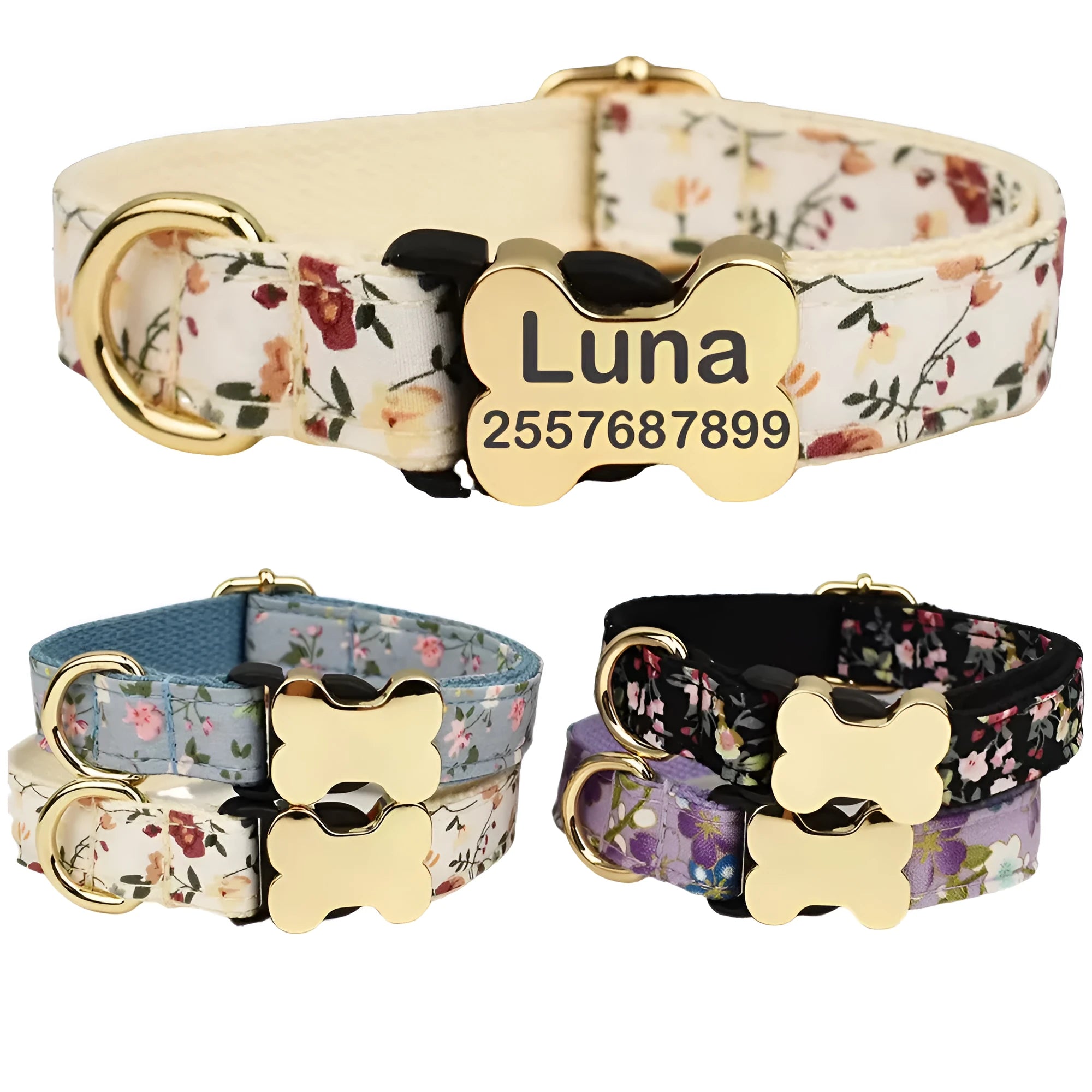 Flat fabric dog collar with bone buckle and printed grid pattern in multiple colour options
