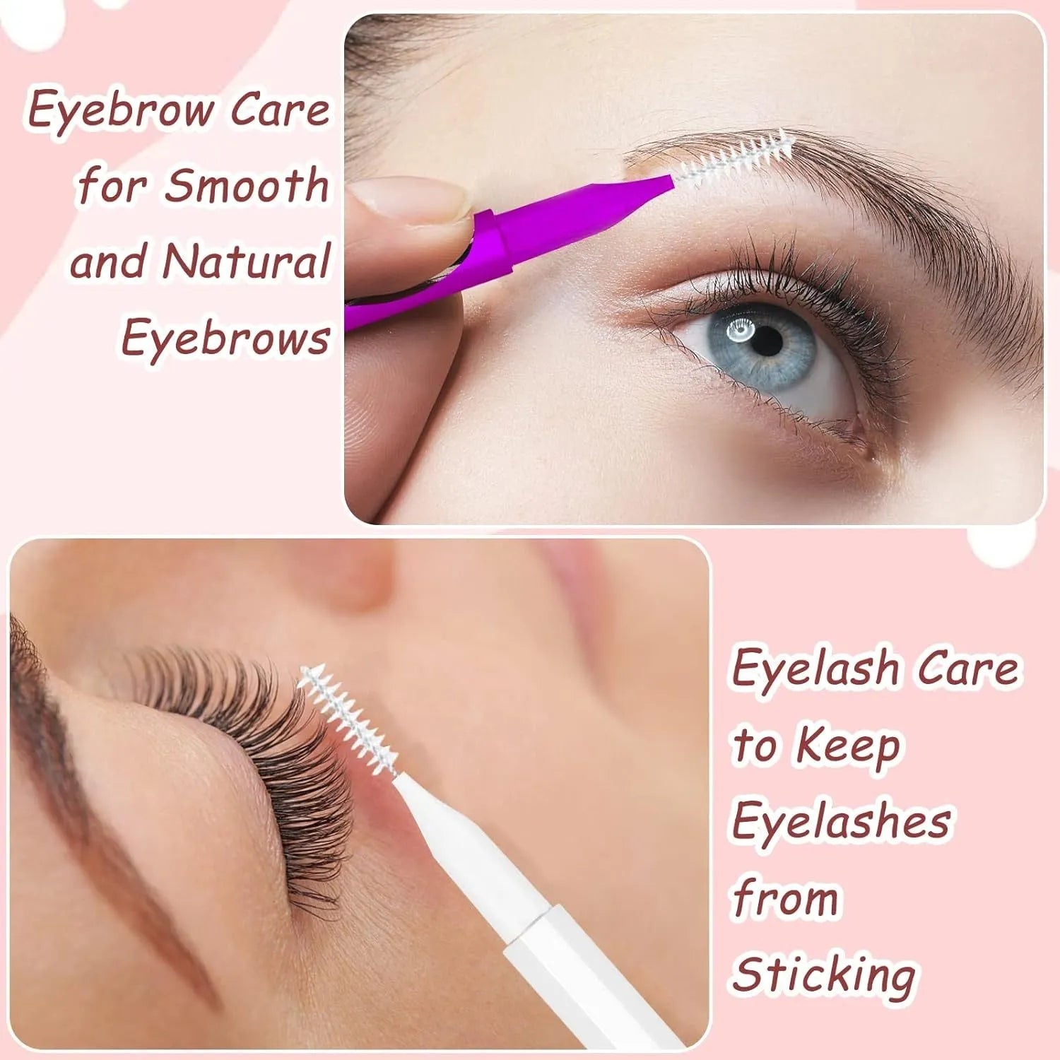 Set of micro eyebrow and lash brushes with protective caps in black, blue, purple, red, and white colours.