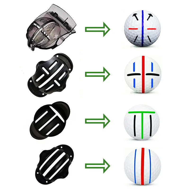 Golf scriber putter alignment tool set with four plastic scribers and four drawing pens.