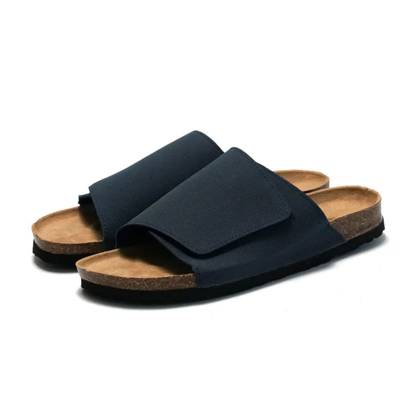 Men's retro cork-style platform slippers with frosted artificial PU upper in camel colour, rubber sole, slip-on design