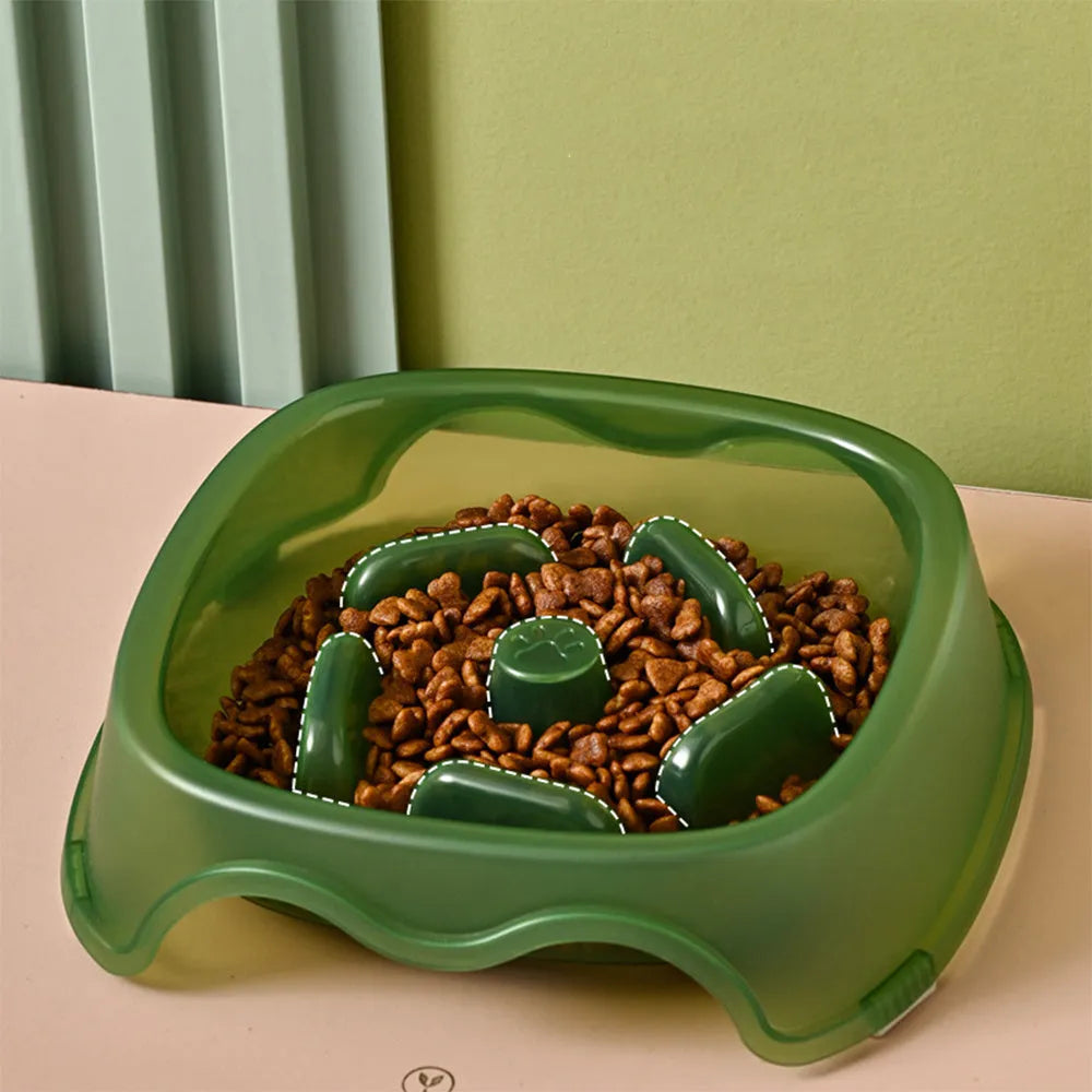 A blue plastic slow feeder dog bowl with a low 4cm profile to prevent fast eating.
