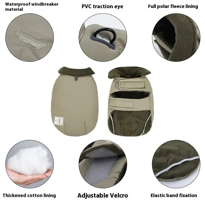 Dog wearing lapel turtleneck cotton-padded winter vest in khaki green colour
