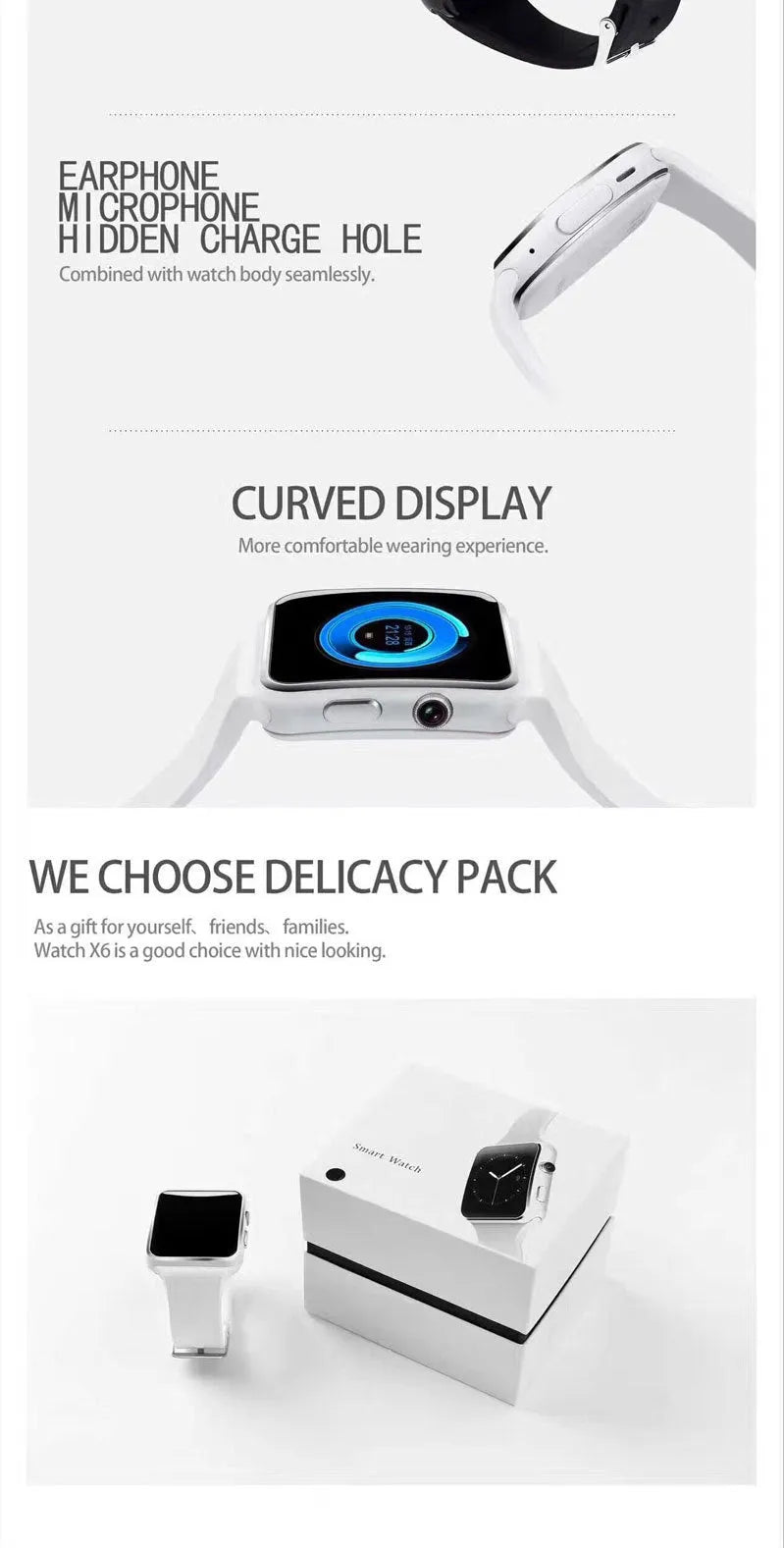 Smart watch with 1.54-inch IPS display and silicone strap in black, white, or gold.