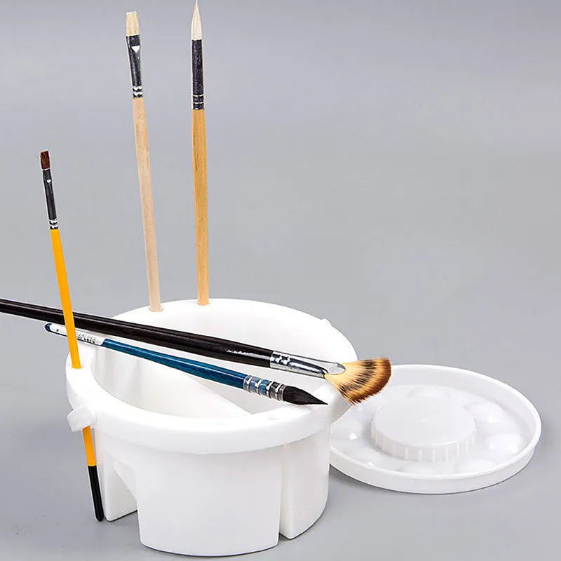 White cylindrical plastic brush holder for painting, 16.5 cm diameter
