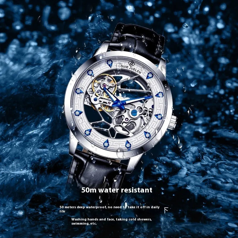 Men's silver mechanical watch with white dial, blue luminous hands and black leather strap