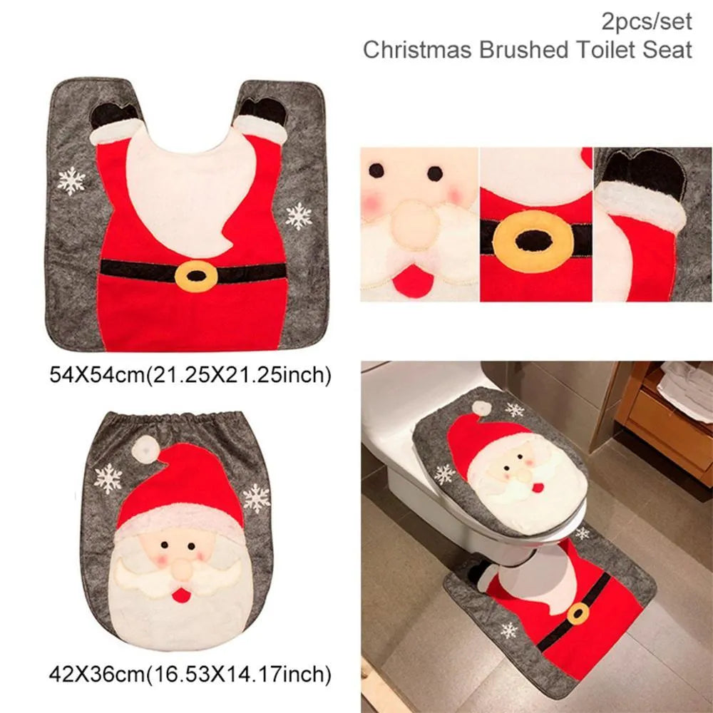 Christmas bathroom set with flannel shower curtain, toilet covers, and plastic-backed floor mat in Santa design