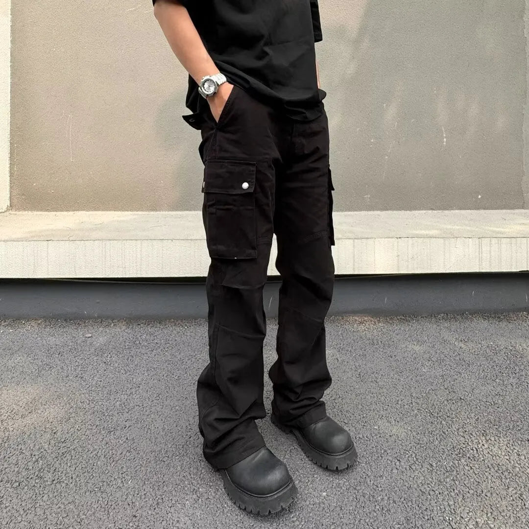 Men's retro high-street straight leg cotton trousers in black