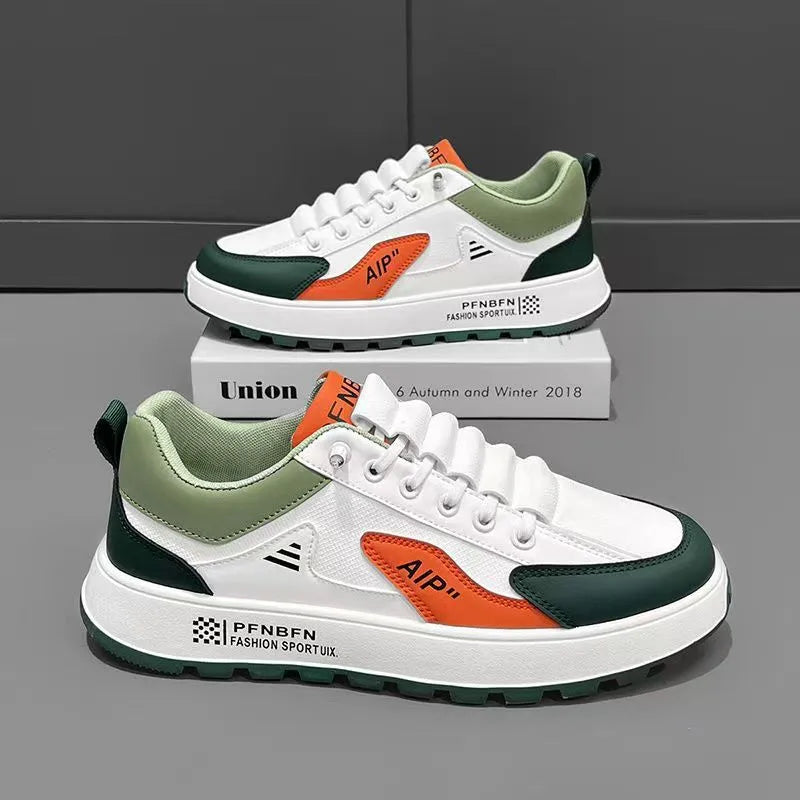 Men's white casual shoes with orange trim, round toe design and artificial PU leather upper