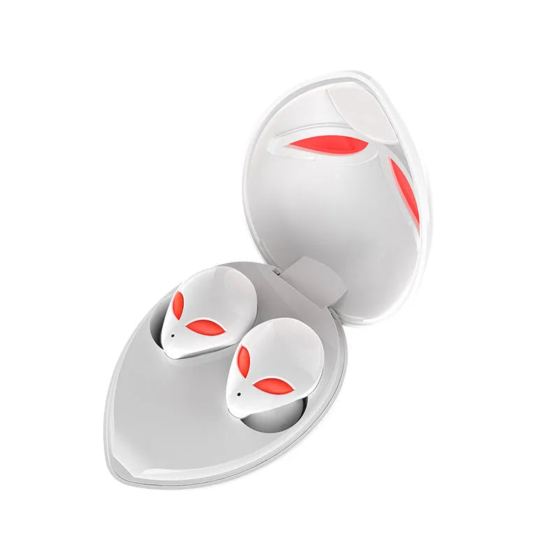 Creative Outer T8 Starman alien-design wireless Bluetooth earbuds in red or blue with a charging case.