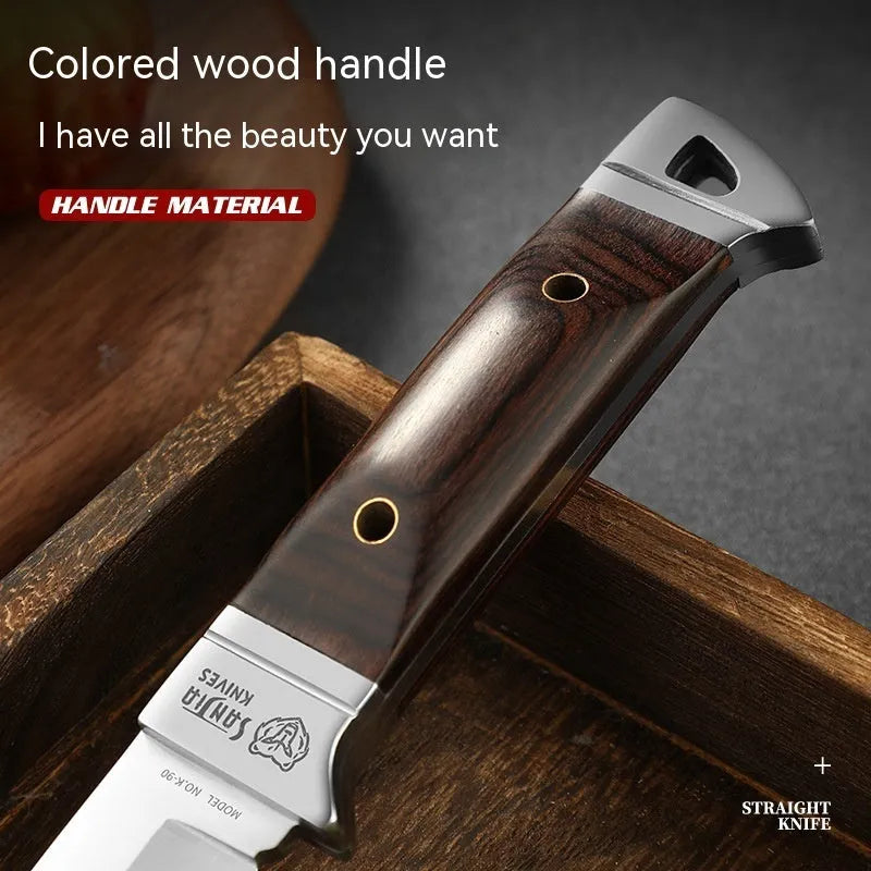 Stainless steel camping fruit knife with leather sheath case.