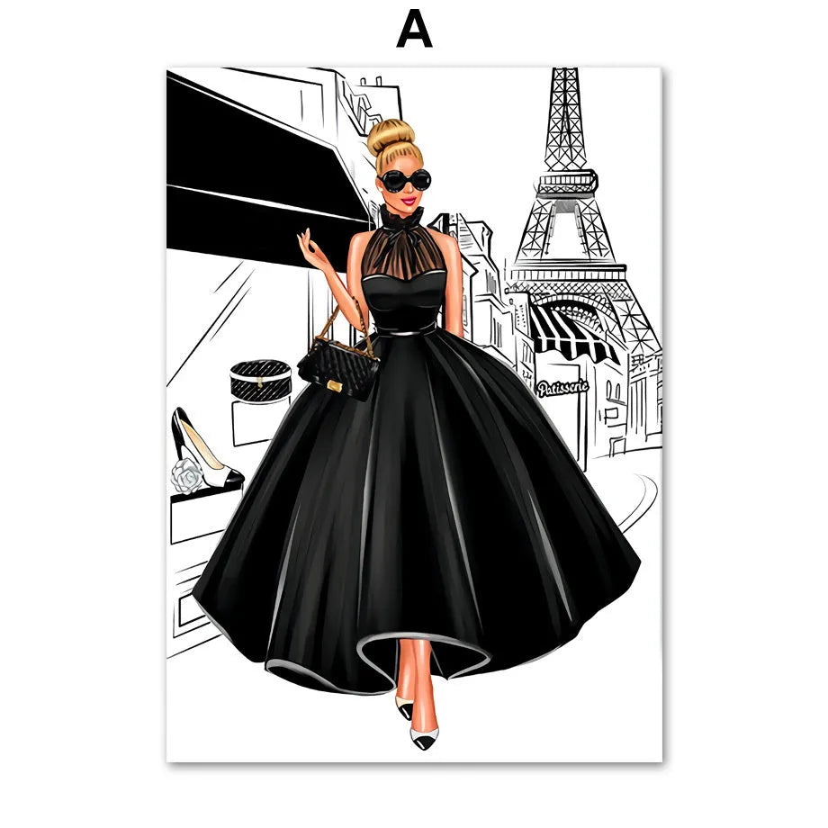 Modern cartoon canvas wall art print featuring a fashion bag girl with balloons and champagne.