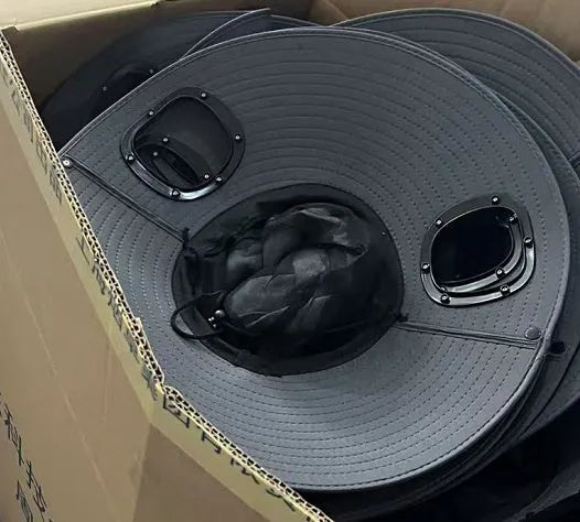 Men's grey solar-powered cooling cap with large brim and a detachable black ABS fan unit on the front.