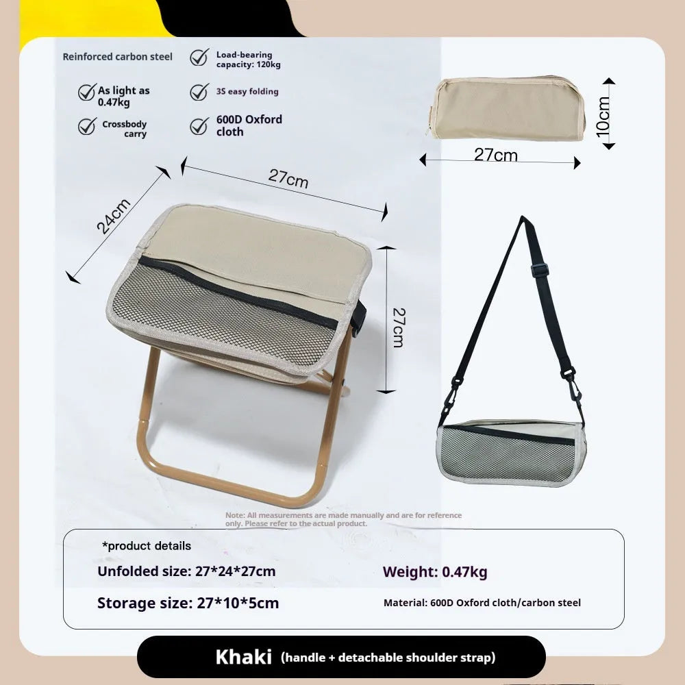 A foldable outdoor camping stool in Oxford cloth, shown in a khaki colour, folded compactly.