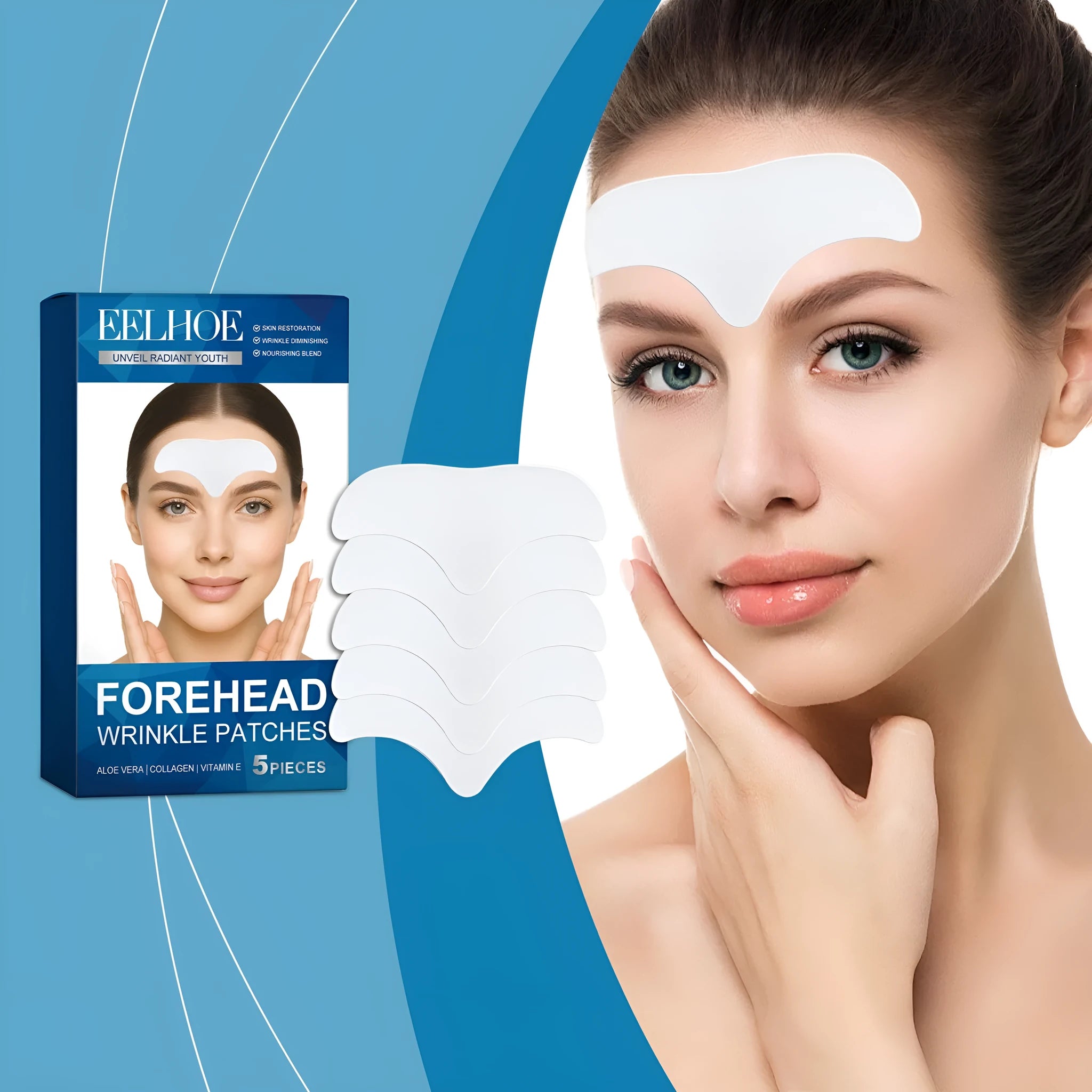 Five forehead skin care patches with non-woven fabric containing vitamin E and hyaluronic acid