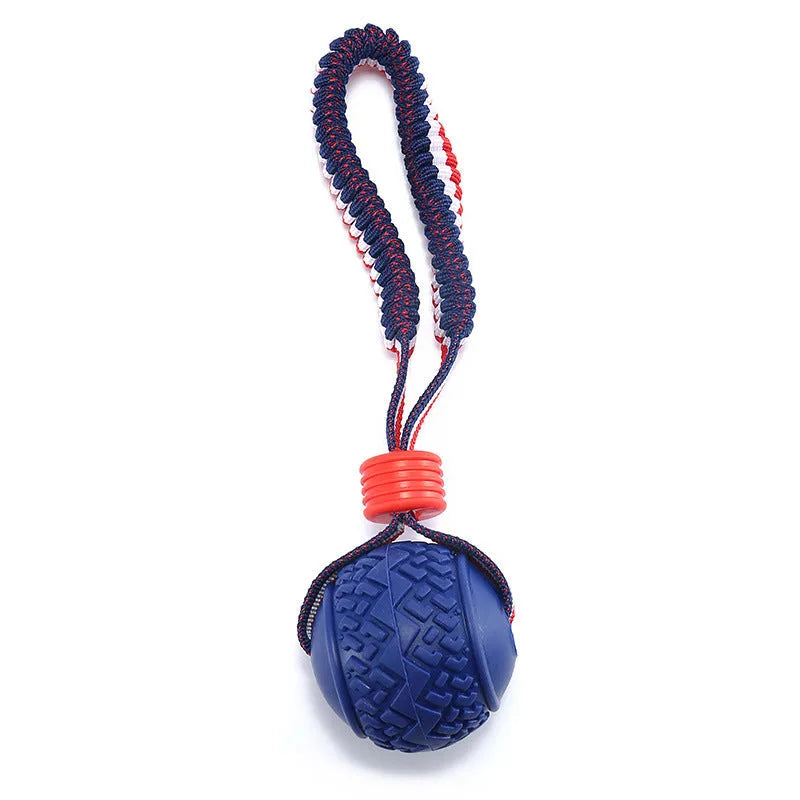 Blue dog ball with rope toy for tug-of-war and teeth cleaning, shown next to a red one.