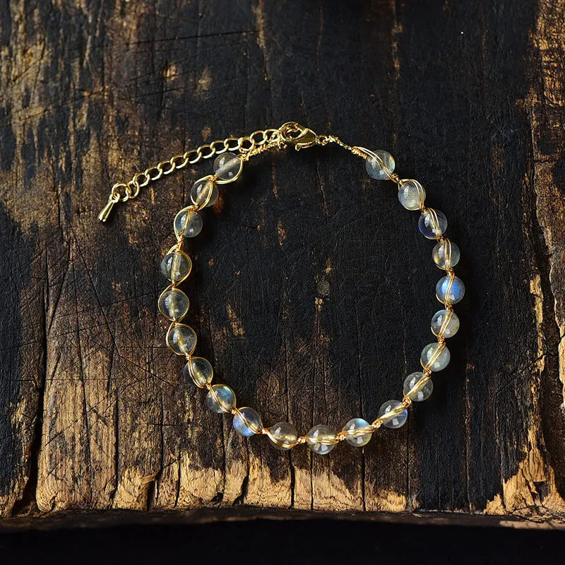 Blue moonstone bracelet with 6mm beads and 14K gilded metal setting
