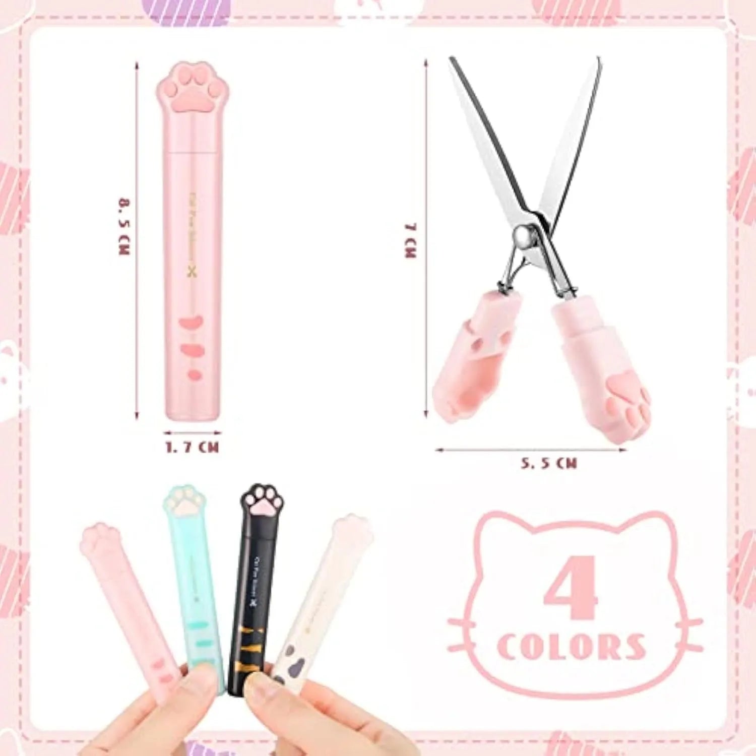 Closed and open views of cute cat paw design mini folding safety scissors on a craft background.