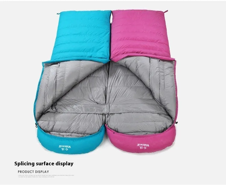 Black adult sleeping bag with white goose down fill and durable nylon shell for outdoor camping.