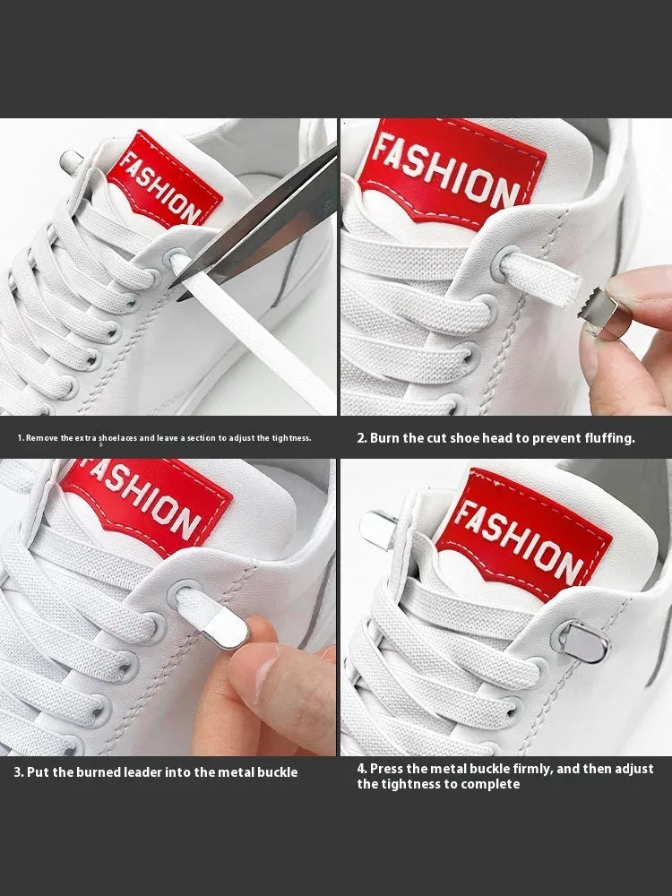 Elastic lace-free white shoelaces with flat buckle on a trainer, showing easy tie-free fastening