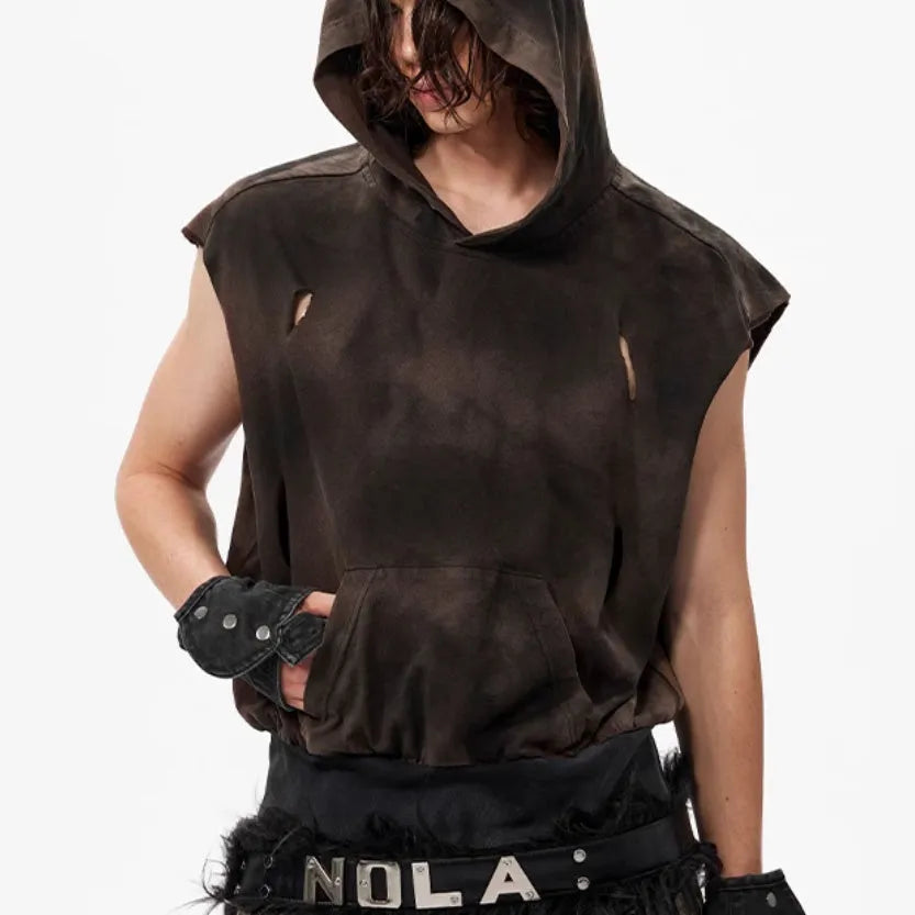 Khaki cotton short-sleeved hood vest for teenagers shown in casual wear