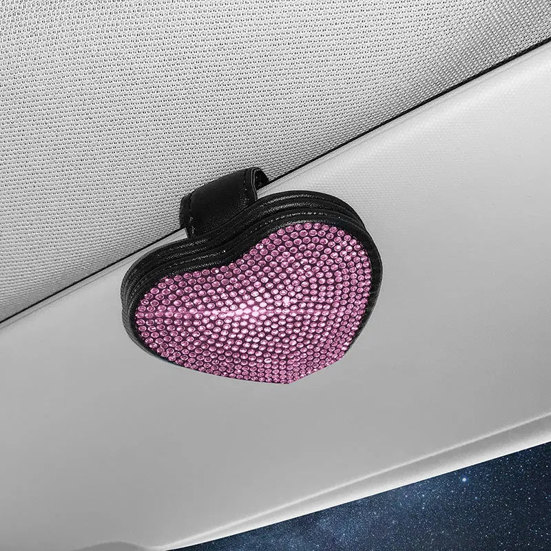 Diamond-encrusted PU leather car sun visor clip with magnetic closure for glasses and ticket storage
