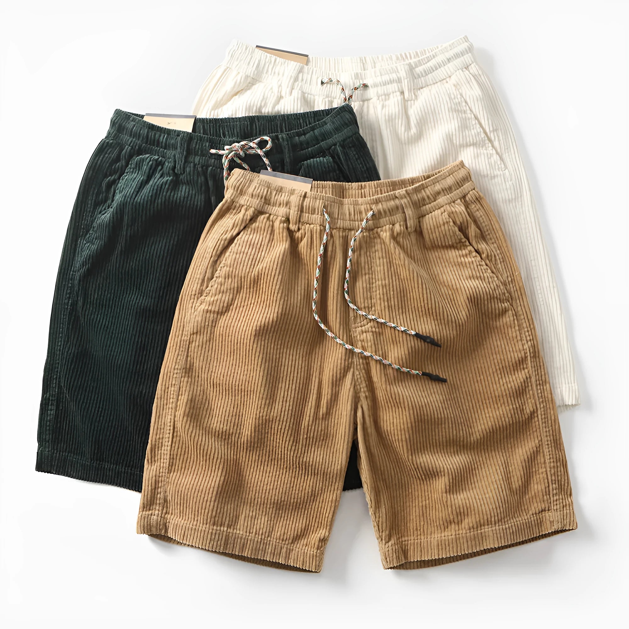 Man wearing khaki retro-style polyester cargo shorts with a straight leg fit for summer.