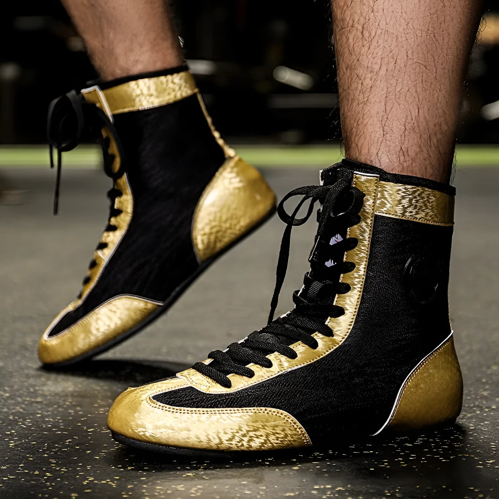 Professional black and gold mesh boxing shoe for indoor wrestling and training.