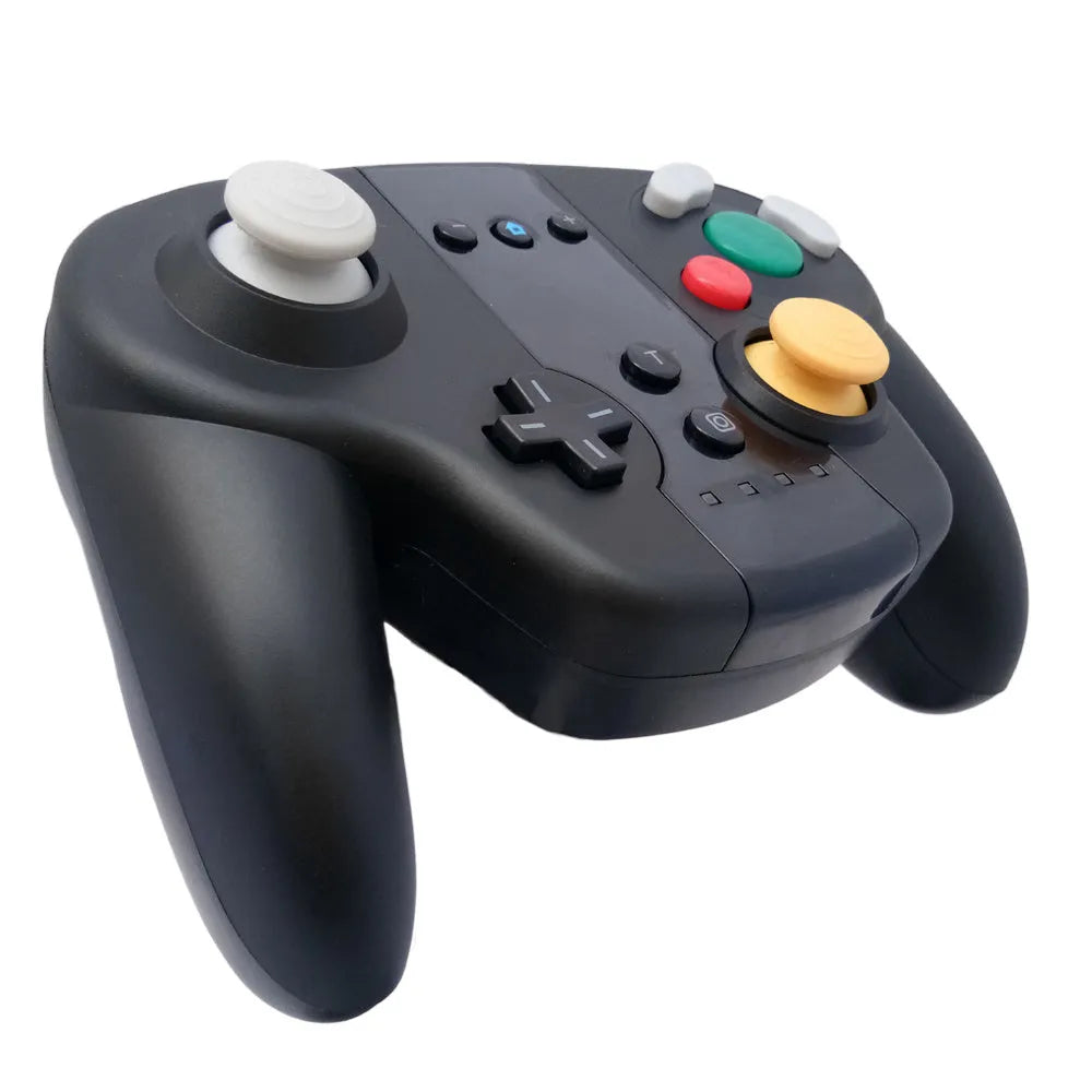 Black wireless gamepad controller with colourful packaging for Nintendo Switch and PC gaming