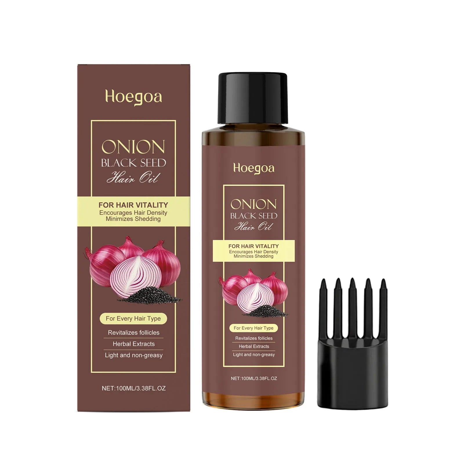 100ml bottle of nourishing hair care essential oil with accessories in its box.