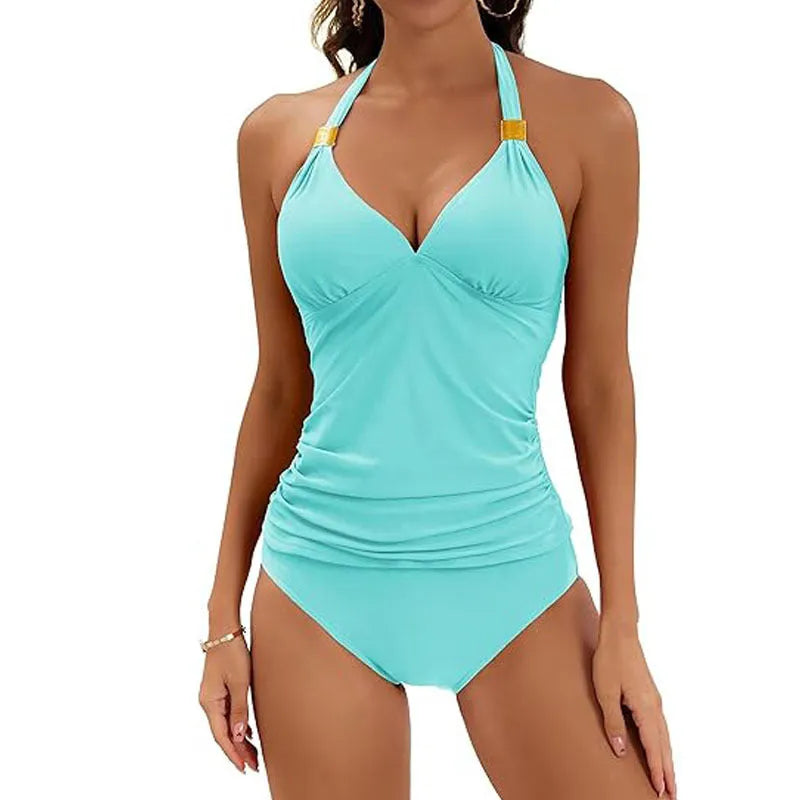 Women's halter neck two-piece swimsuit with tie front and high-waisted shorts in solid colour