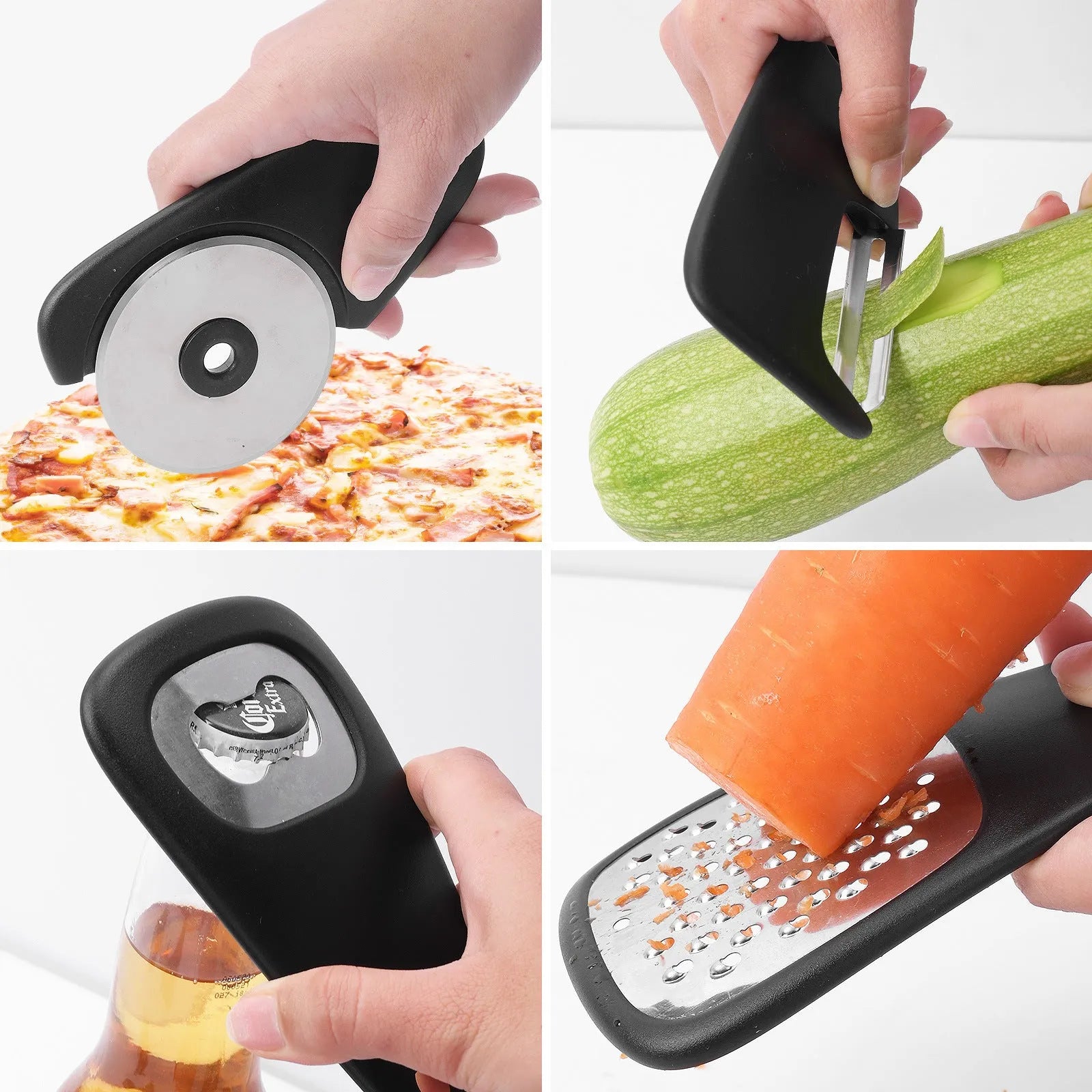 Six kitchen gadget widgets and a brush in a colour box, made from PP and stainless steel.