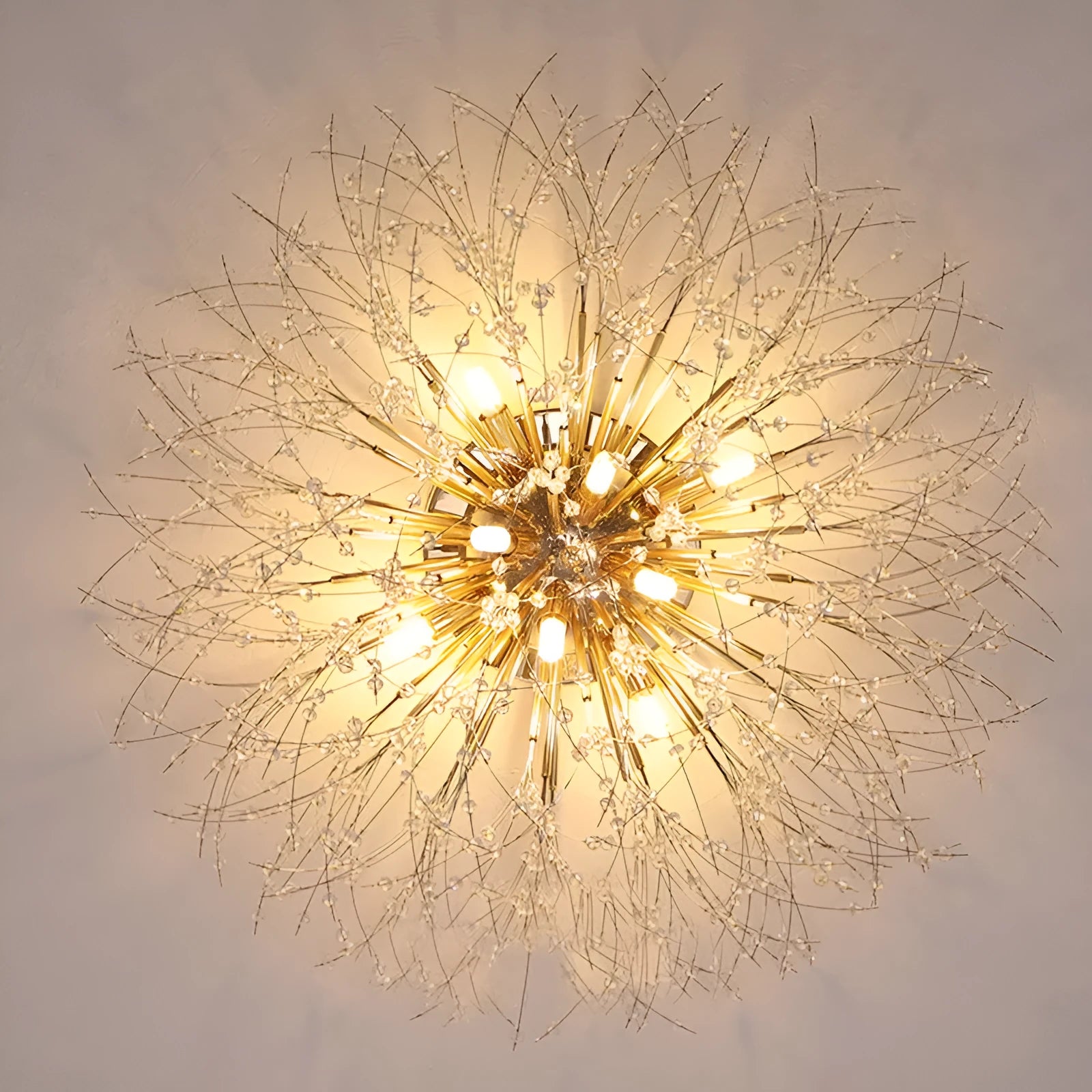 Dandelion crystal ceiling lamp with chrome finish and four light heads, 40cm diameter