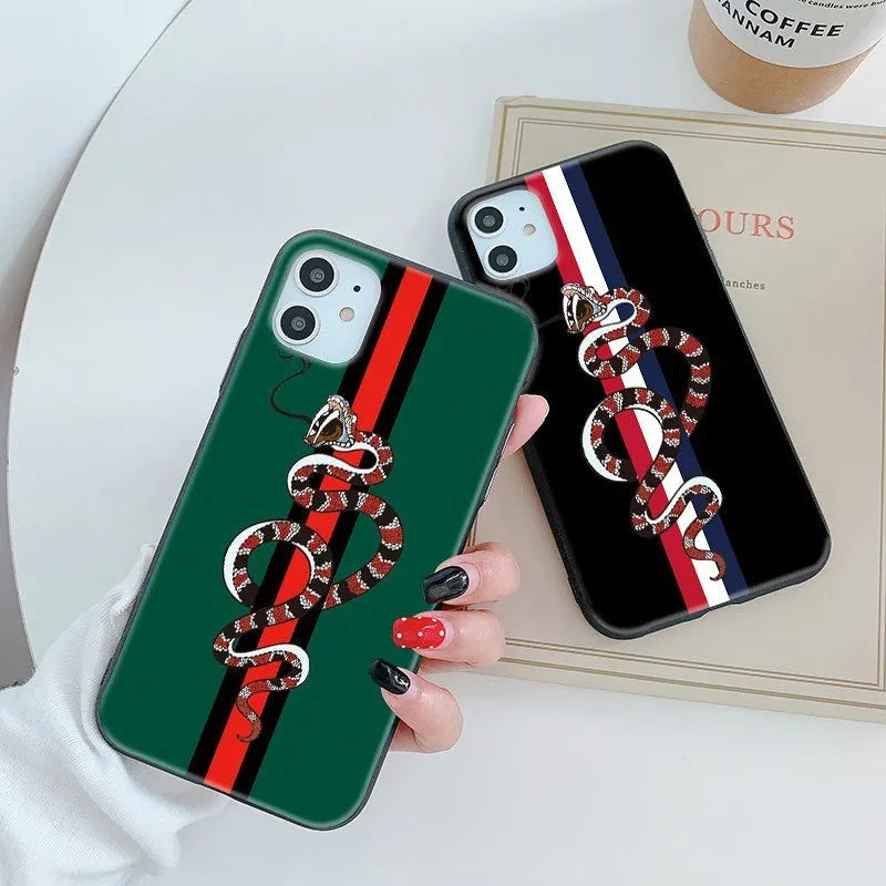 Black frosted silicone iPhone case with cartoon snake UV painting design on back