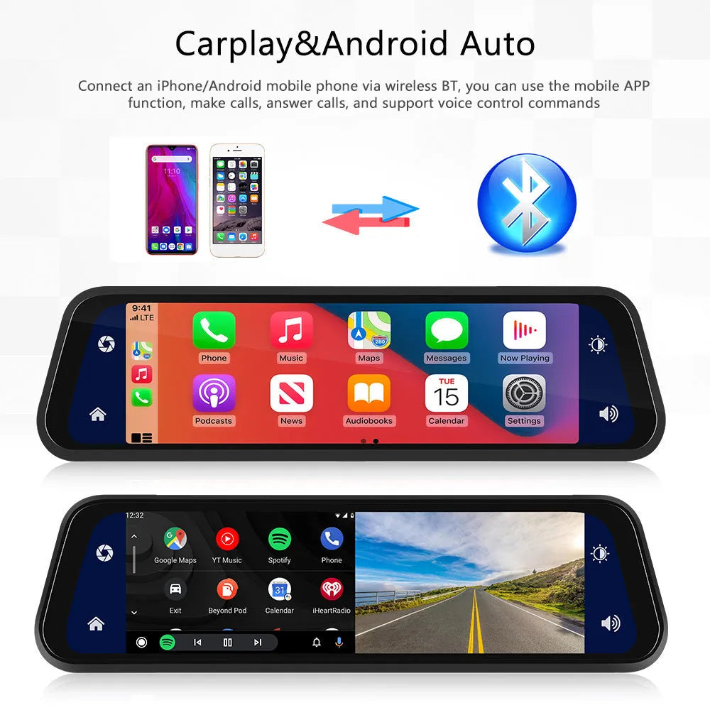 9.66 inch mirror-mounted car dash cam with rear view camera displayed with 64GB memory card and installation kit