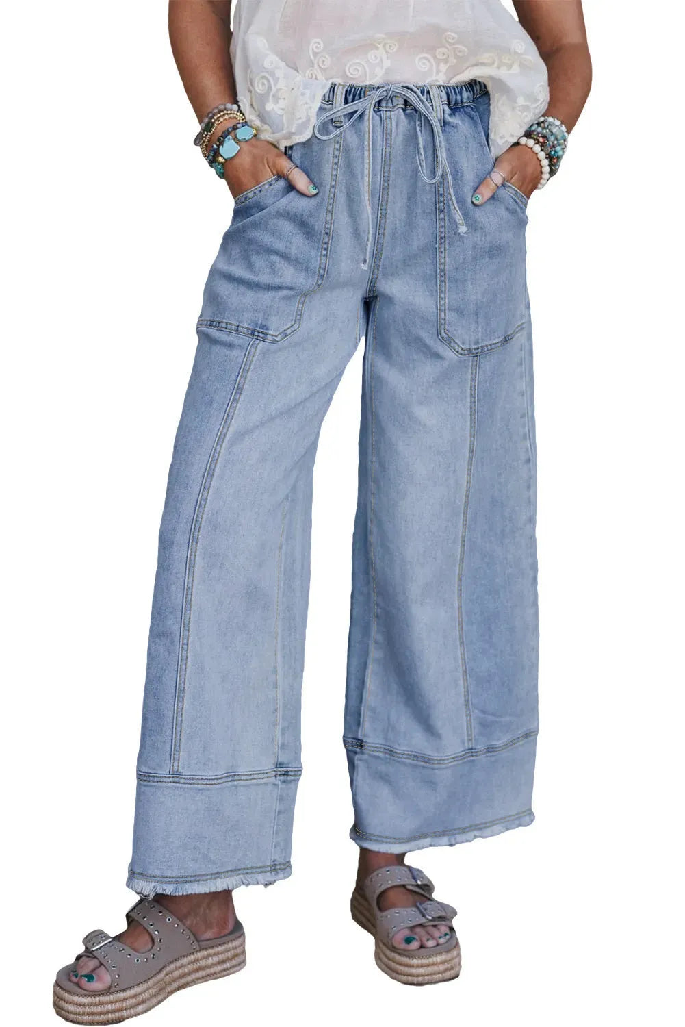 Beau blue wide leg denim trousers with drawstring seam detailing and raw hem finishing