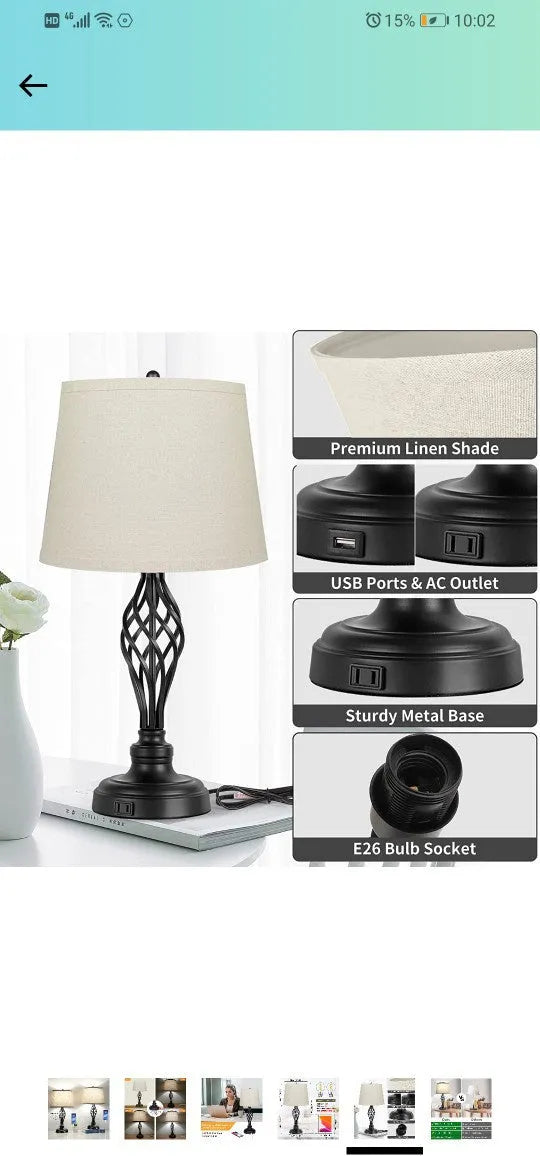 European style alloy bedside lamp with touch dimming, cold warm light, and USB charging port.