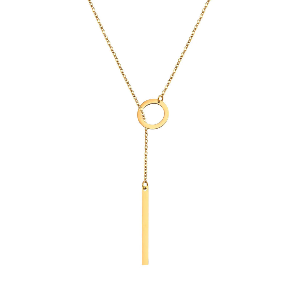 Gold electroplated stainless steel cross and ring geometric pendant necklace on O-link chain
