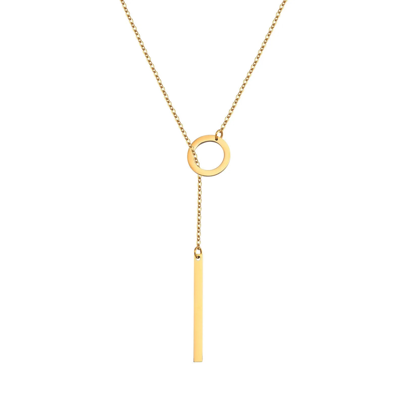 Gold electroplated stainless steel cross and ring geometric pendant necklace on O-link chain