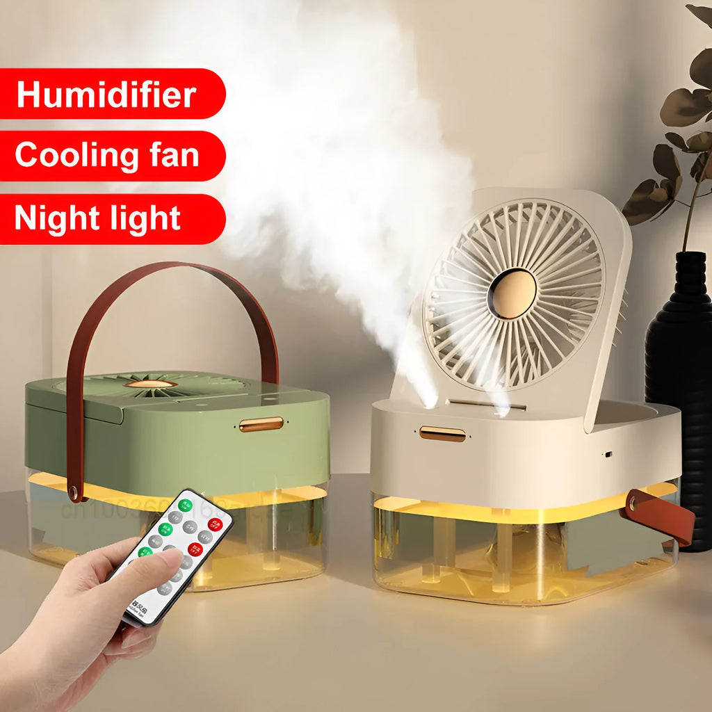 Portable USB mist fan with remote control, 2.5L water tank and night light in forest green colour
