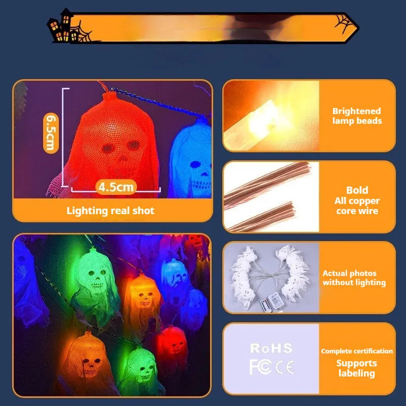 Halloween battery-operated coloured string lights with plastic shell for indoor wall decoration.