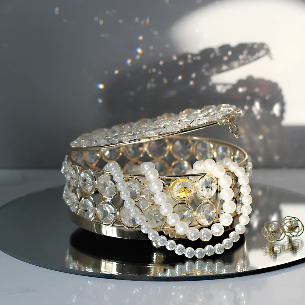 Transparent crystal glass jewelry storage box with a French gold metal frame