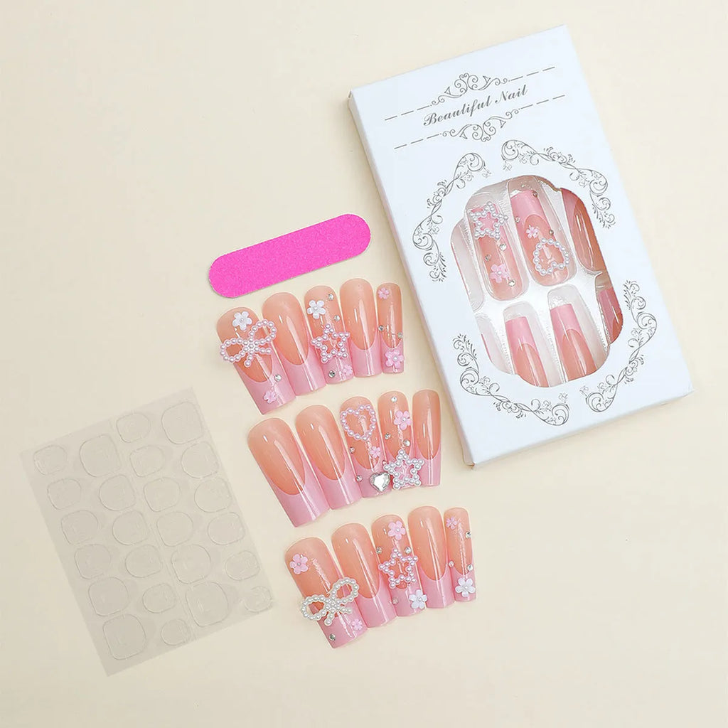 French manicure false nails with spot drill bow decoration in XB-70-48 colour with love pattern