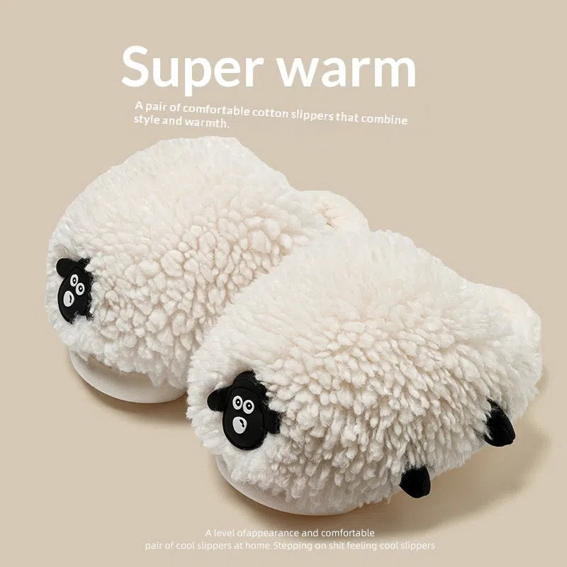 Women's cartoon sheepskin cotton slippers with wool lining and non-slip PVC outsole in black and white upgrade